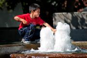 Boy tries out his karate moves, Yerba Buena Park