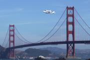 Space Shuttle Endeavour piggybacked on NASA 747 Flies Over Golden Gate Bridge