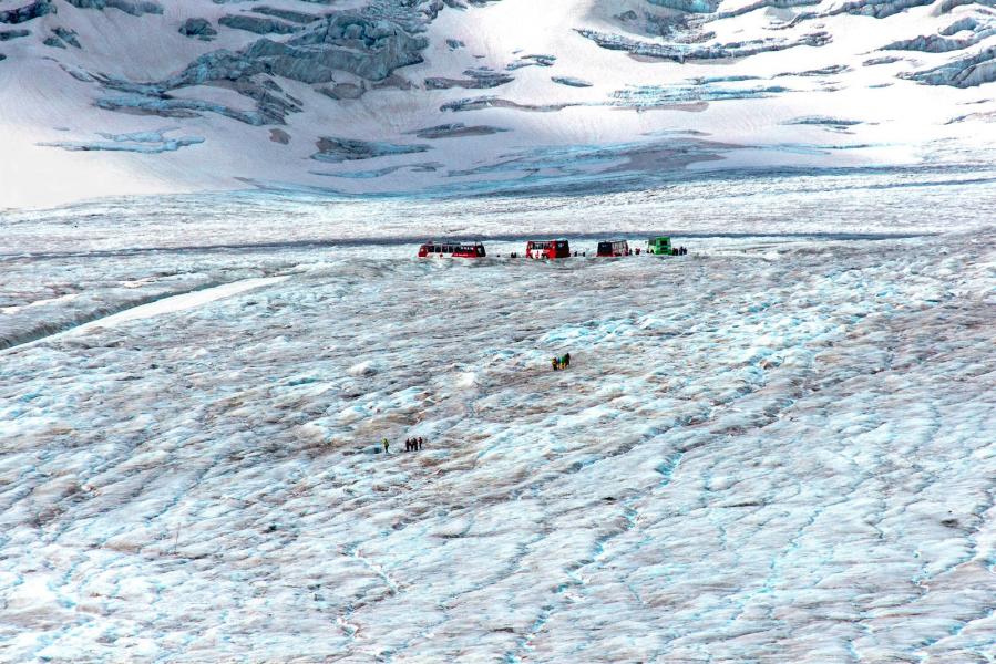 The Columbis Icefield, Alberta, Canada, dwarfs tourists and ice busses