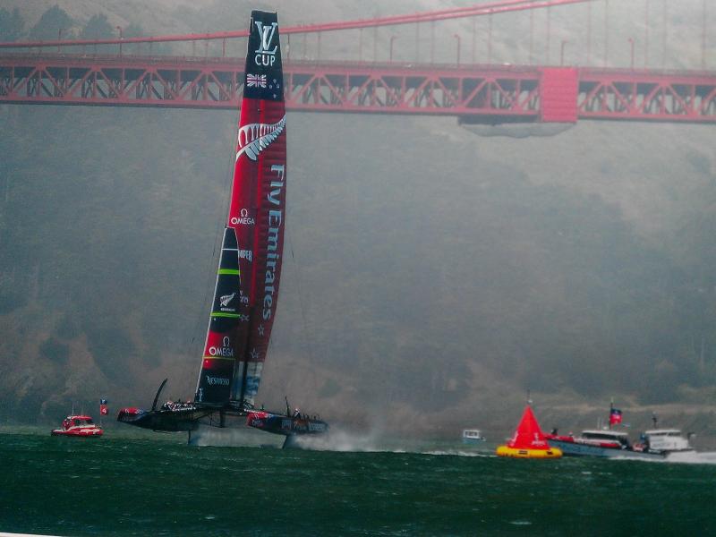 Team New Zealand's AC72 Catamaran Foiling Ahead