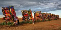 Storm clouds gather over Cadillac Ranch, Amarillo Texas