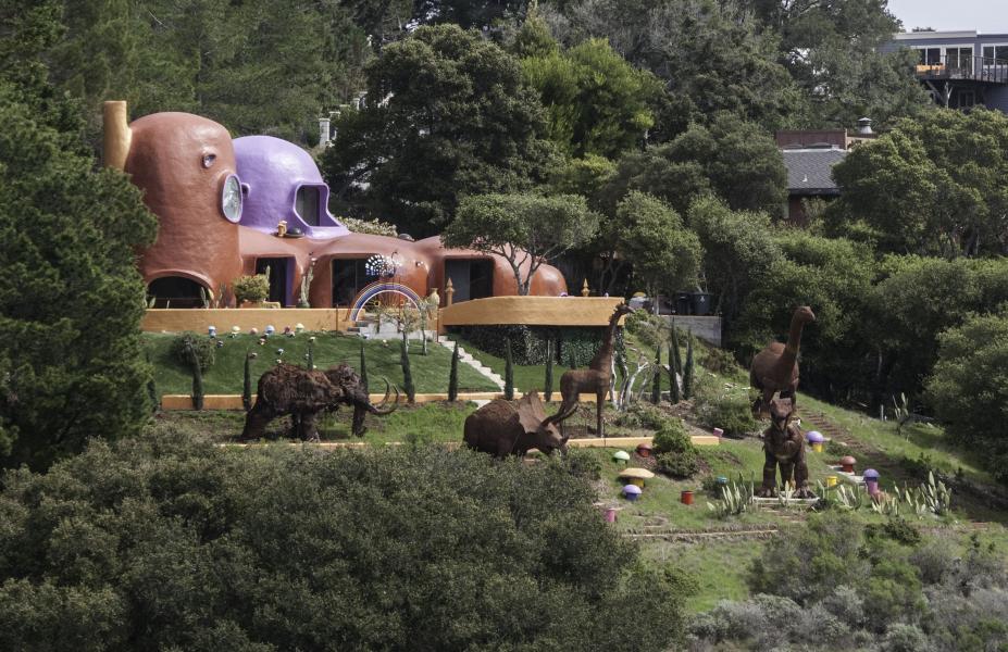 View of the house nicknamed the Flintstone House from the Doran Bridge in San Mateo