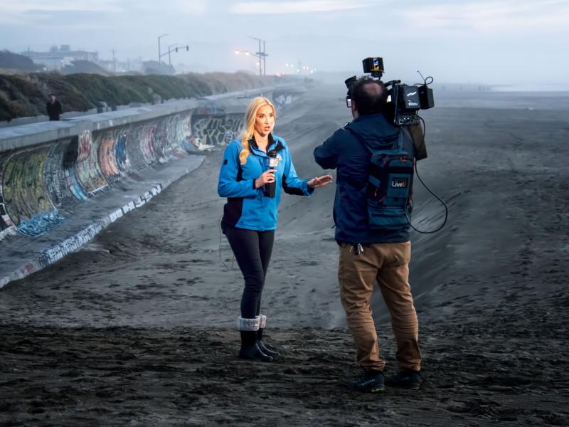 KPIX News reporter KATIE NIELSEN broadcasting live from Ocean Beach on the eve of a Winter storm predicted to bring 18-25 feet waves that could reach the sea walls.  San Francisco, December 15, 2018.