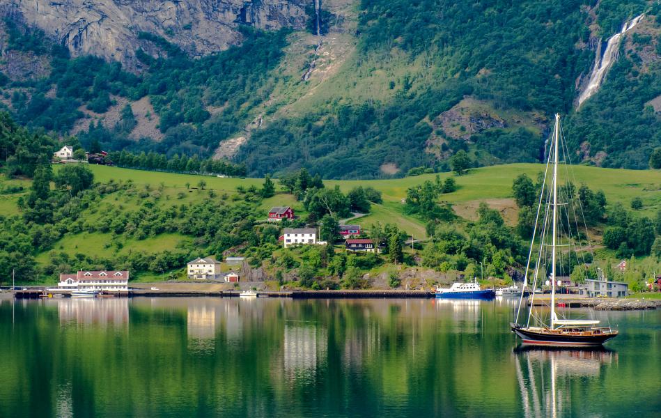 The inland village of Flam, Norway is situated on a fjord that stretches more than 100 miles to the open ocean.