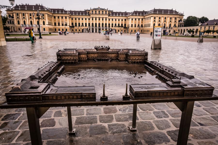 Schonbrunn Palace, Vienna  with scale model on display. Rainwater fills both courtyards