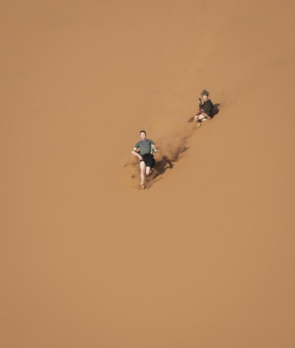 A favorite tourist activity in Namibia is to hike up the ridge of this enormous dune and then run down the nearly vertical face of it.  Dead Vlei, 2019