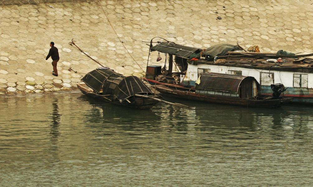 Parking His Sandpan on Bank of Yangtze River China